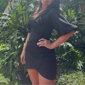 Tea n Cup Black Mini Dress with Button Detail